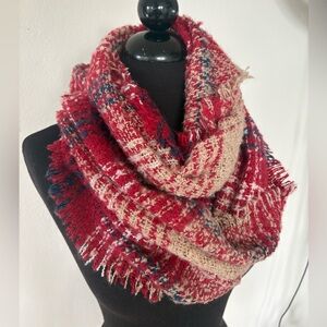 Cozy Red and Beige Plaid Infinity Scarf NWT